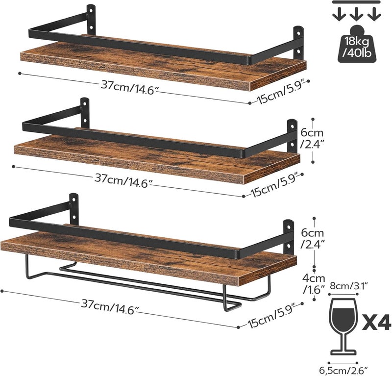 HOOBRO Wall Mounted Wine Rack 3 Pack, Wine Shelf Hanging Floating Wall Shelves, Wine Glass Bottle Rack Stemware Holder, for Living Room, Dining Room, Kitchen, Rustic Brown and Black BF34BJ01 - Image 2